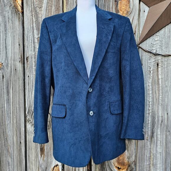 Blue Ultrasuede Jacket Size L Faux Suede Blazer Navy Teal USA Vintage Large VTG - Picture 1 of 9